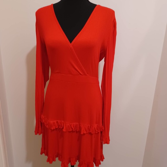 Peach Love California Dresses & Skirts - Peach Love California Ruby Red V-Neck Ruffled Tiered Long Sleeved Mini NWOTDress